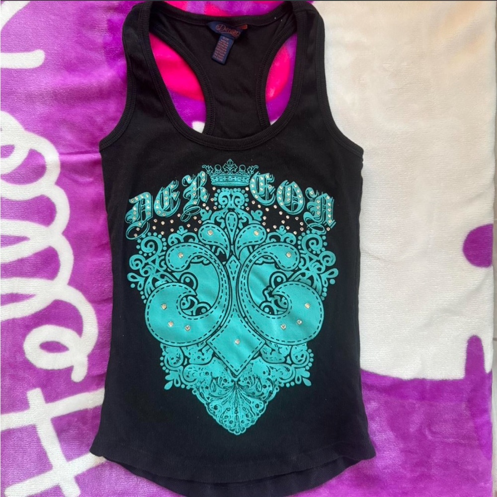 vintage House of Dereon black and turquoise  bedazzled tank